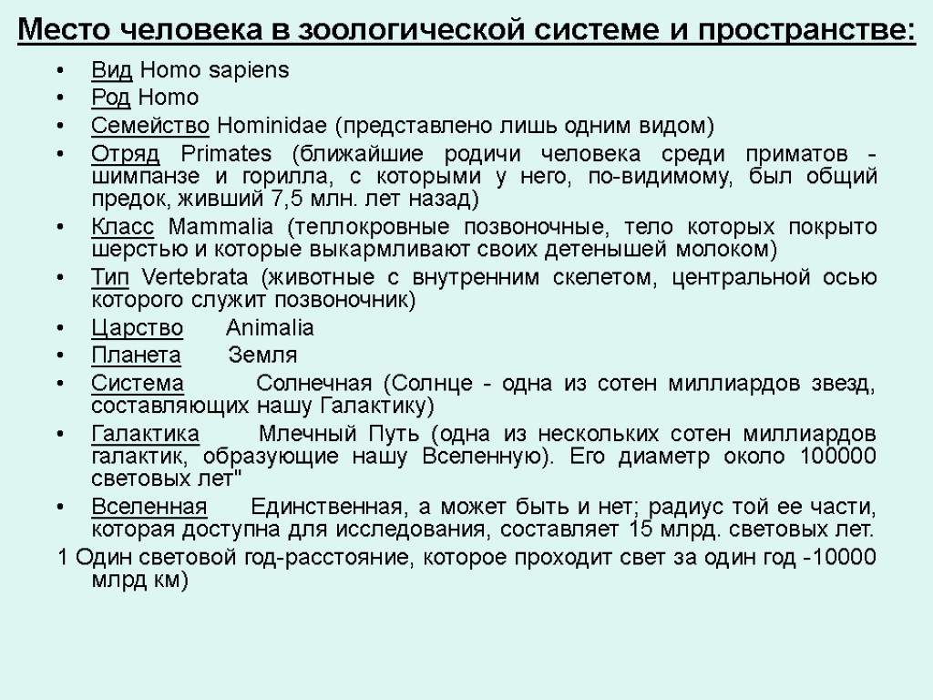 Место человека в зоологической системе и пространстве: Вид Homo sapiens Род Homo Семейство Hominidae